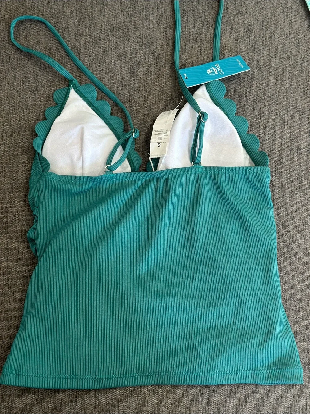 Cupshe Teal Scallop Tankini Top with Tropical Leaf Bikini Bottom